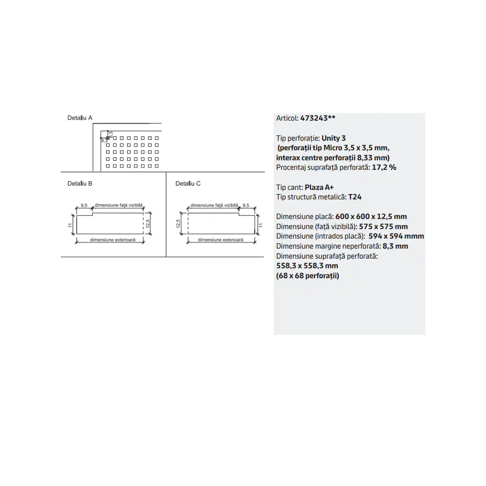Placa tavan casetat Knauf Danoline Plaza Unity 3 cant A 600 x 600 x 12.5 mm perforatii fine [3]