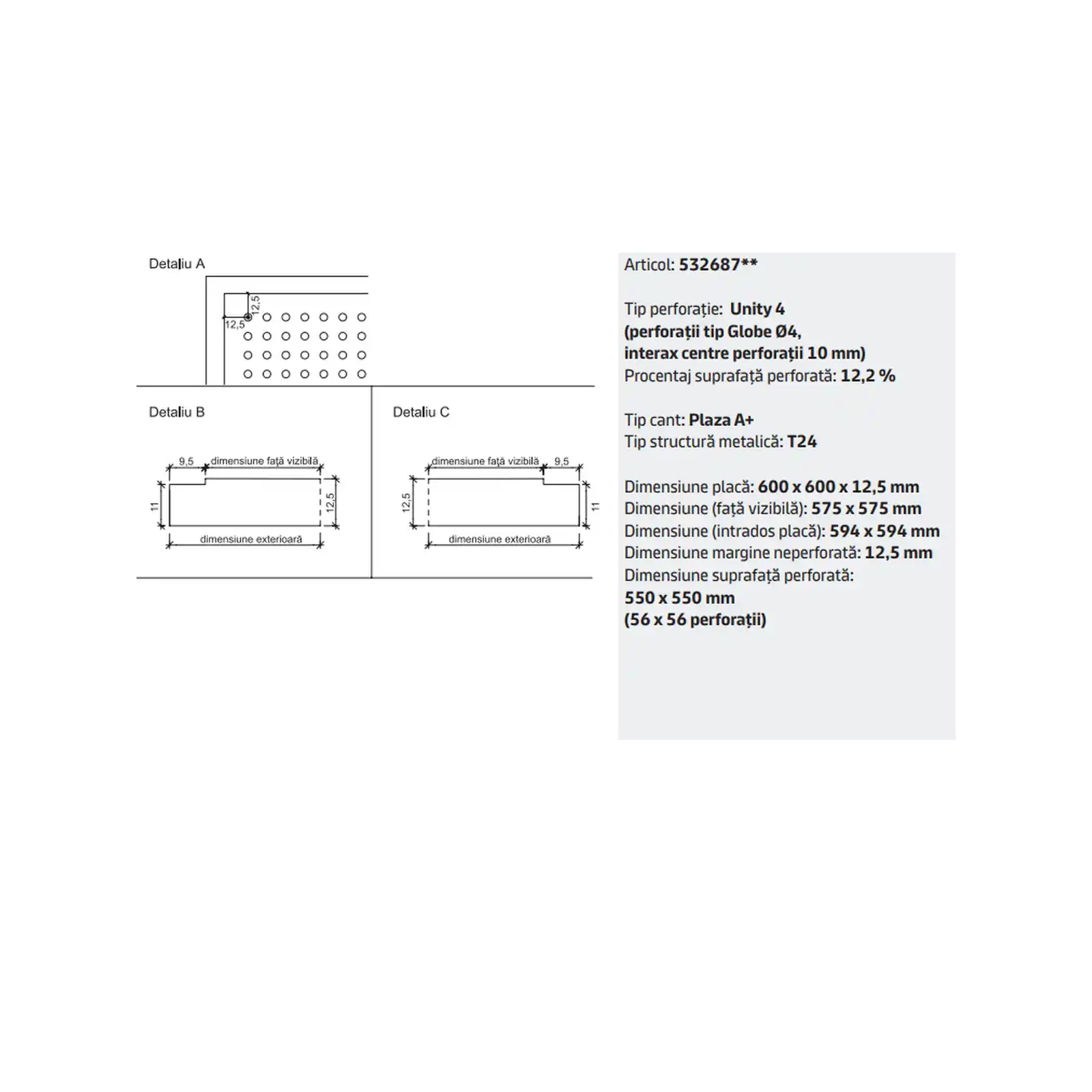 Placa tavan casetat Knauf Danoline Plaza Unity 4 cant A 600 x 600 x 12.5 mm perforatii rotunde [3]
