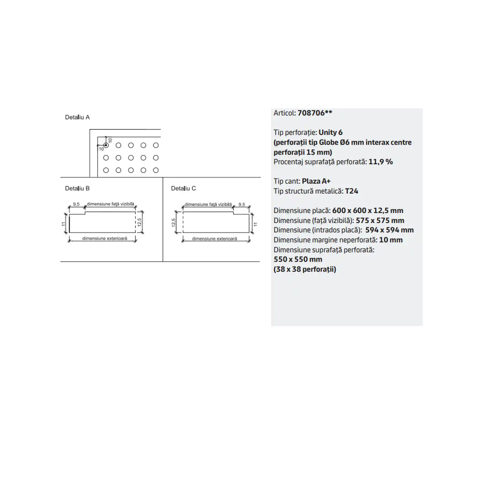 Placa tavan casetat Knauf Danoline Plaza Unity 6 cant A 600 x 600 x 12.5 mm perforatii rotunde [3]