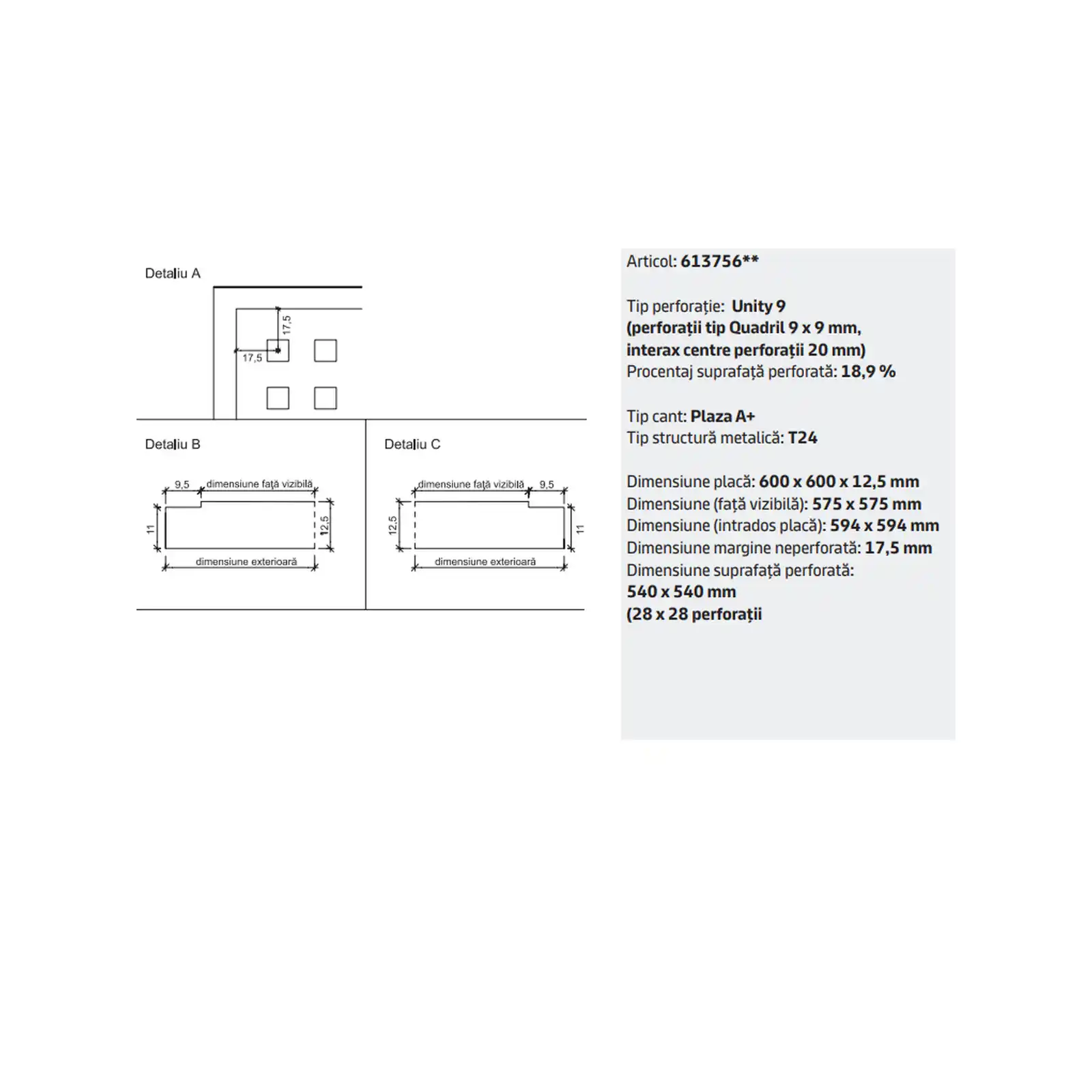 Placa tavan casetat Knauf Danoline Plaza Unity 9 cant A 600 x 600 x 12.5 mm perforatii patrate [3]