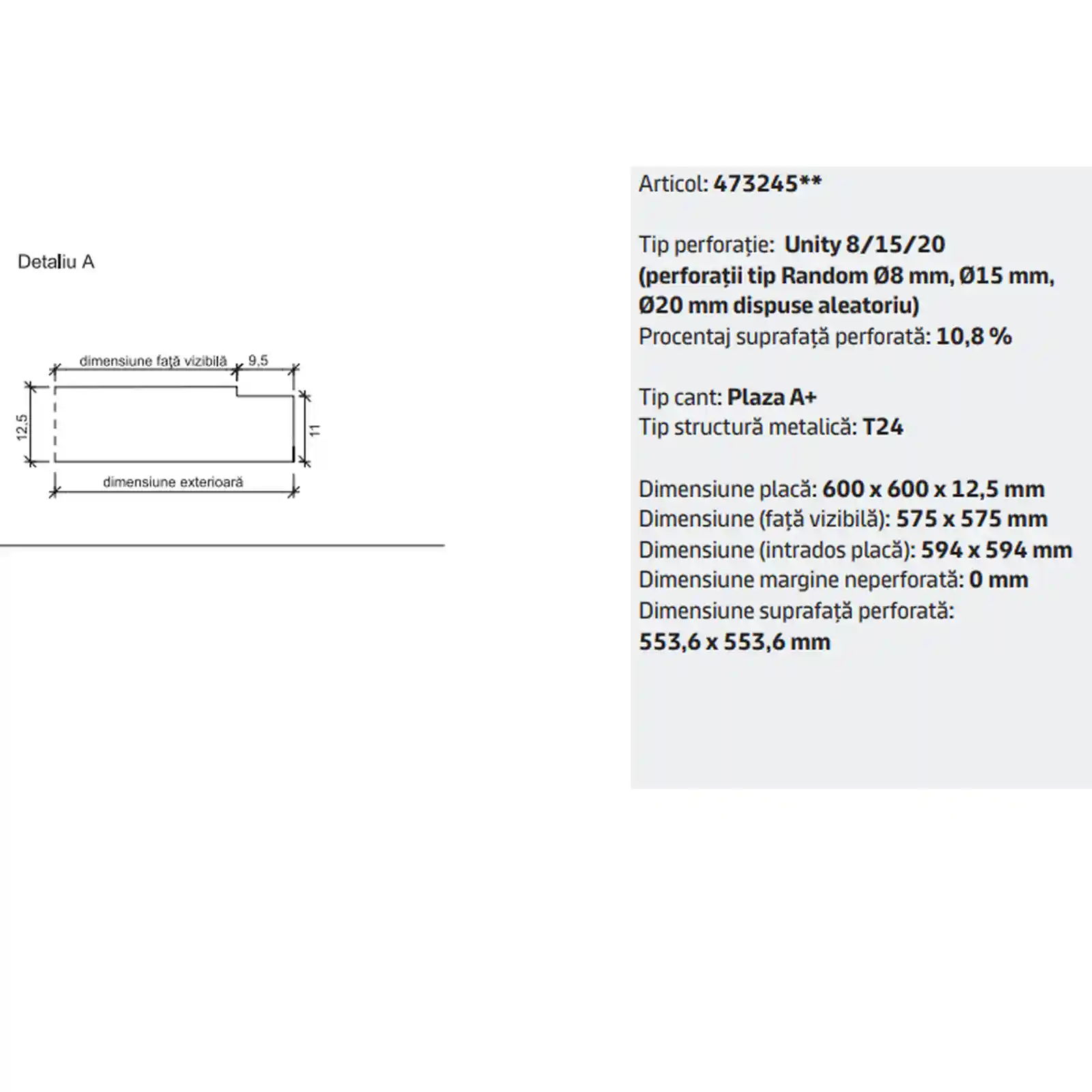 Placa tavan casetat Knauf Danoline Plaza Unity 8-15-20 cant A 600 x 600 x 12.5 mm perforatii aleatorii [2]