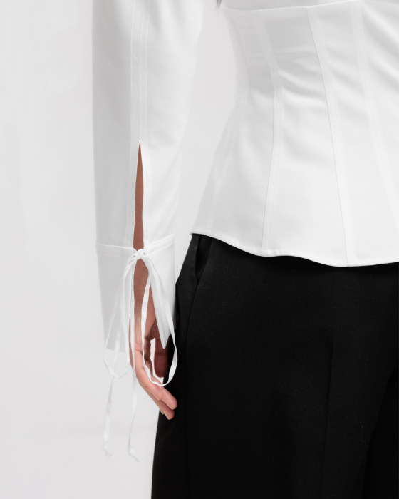 Camasa din bumbac, Umeri supradimensionati, Maneci lungi, Detaliu corset, Alb [6]