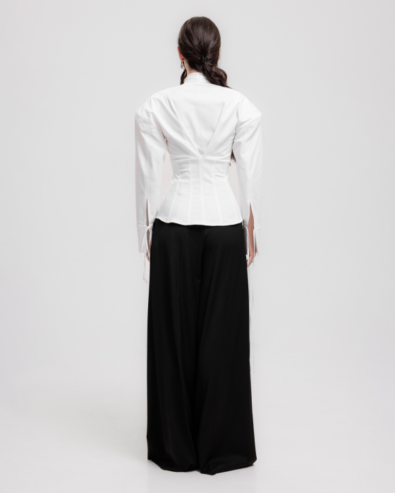 Camasa din bumbac, Umeri supradimensionati, Maneci lungi, Detaliu corset, Alb [2]