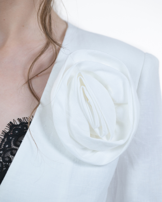 Costum din in, Sacou cu floare, Pantaloni, Alb [4]
