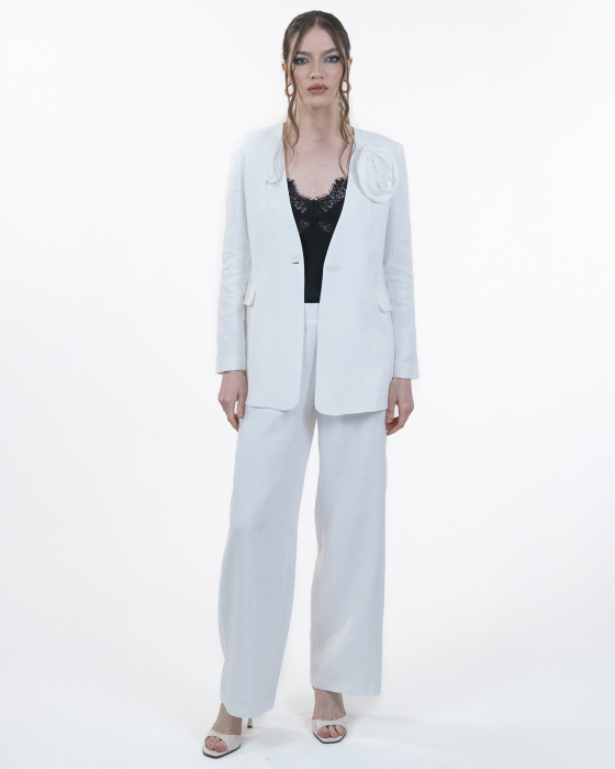 Costum din in, Sacou cu floare, Pantaloni, Alb [10]