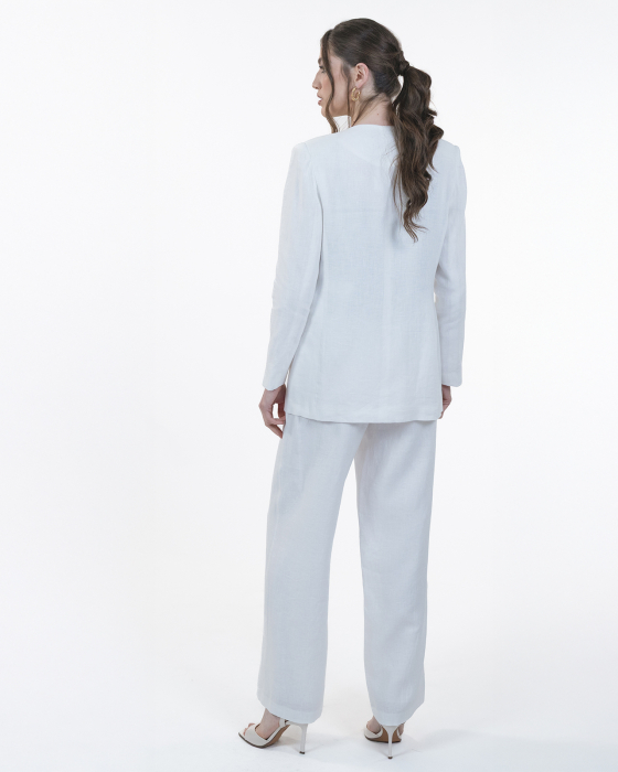 Costum din in, Sacou cu floare, Pantaloni, Alb [2]