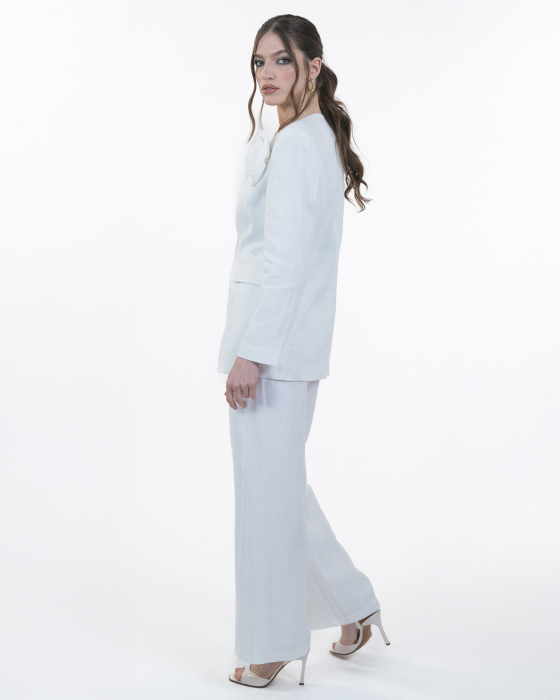 Costum din in, Sacou cu floare, Pantaloni, Alb [6]