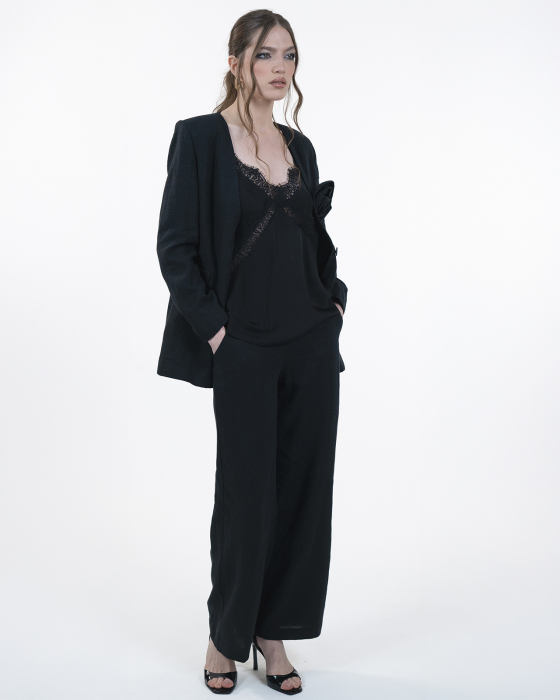 Costum din in, Sacou cu floare, Pantaloni, Negru [6]