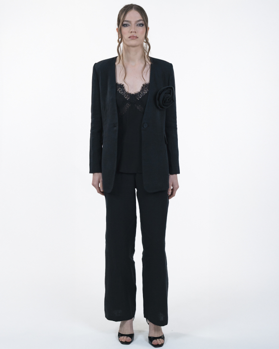 Costum din in, Sacou cu floare, Pantaloni, Negru [8]