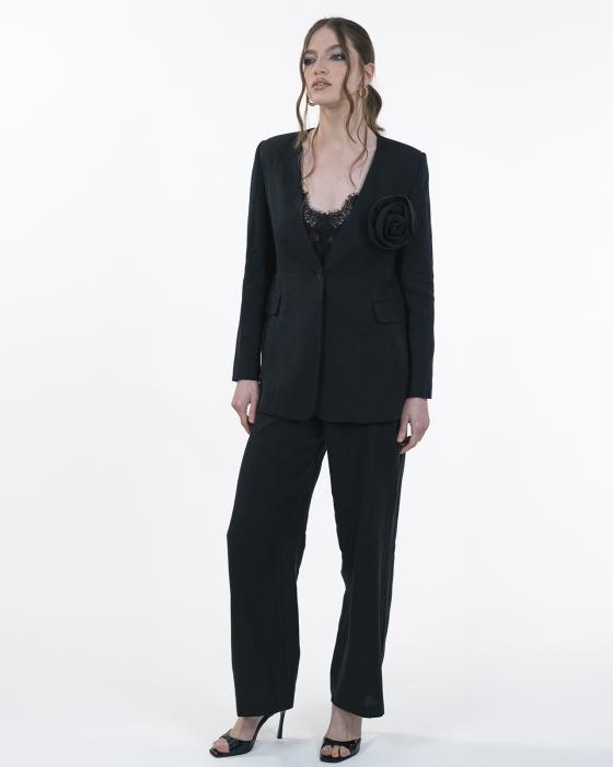 Costum din in, Sacou cu floare, Pantaloni, Negru [1]