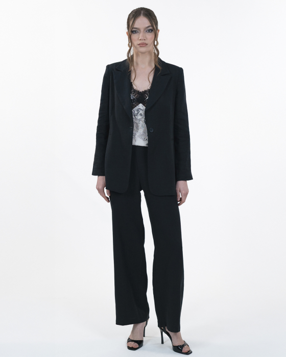 Costum din in, Sacou cu revere, Pantaloni, Negru [1]