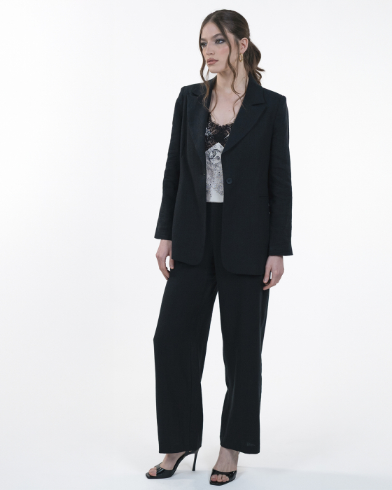 Costum din in, Sacou cu revere, Pantaloni, Negru [4]
