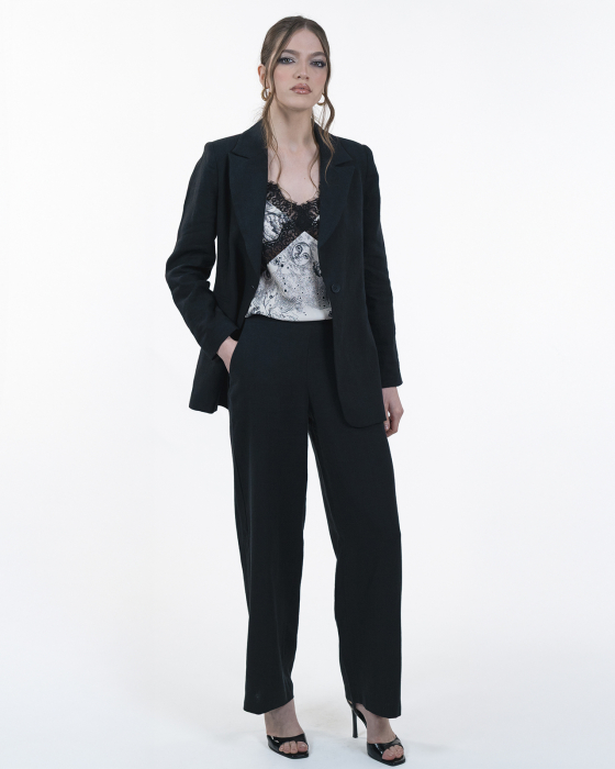 Costum din in, Sacou cu revere, Pantaloni, Negru [2]