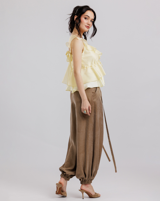 Pantaloni balon, Liocel, Cu buzunare, Cordoane detasabile, Khaki [5]