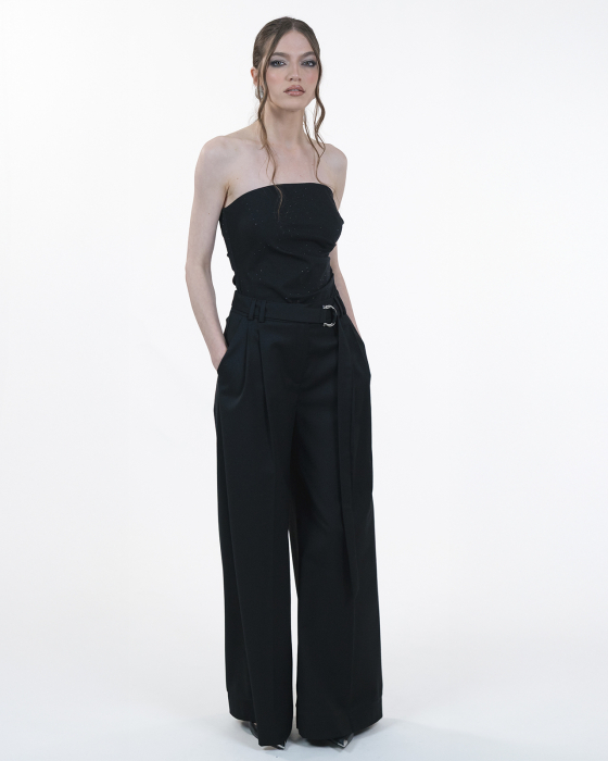 Pantaloni cu pliuri, Amestec de lana, Cordon detasabil, Catarama metalica, Negru [5]