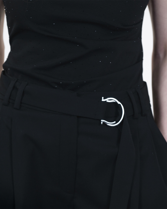 Pantaloni cu pliuri, Amestec de lana, Cordon detasabil, Catarama metalica, Negru [4]
