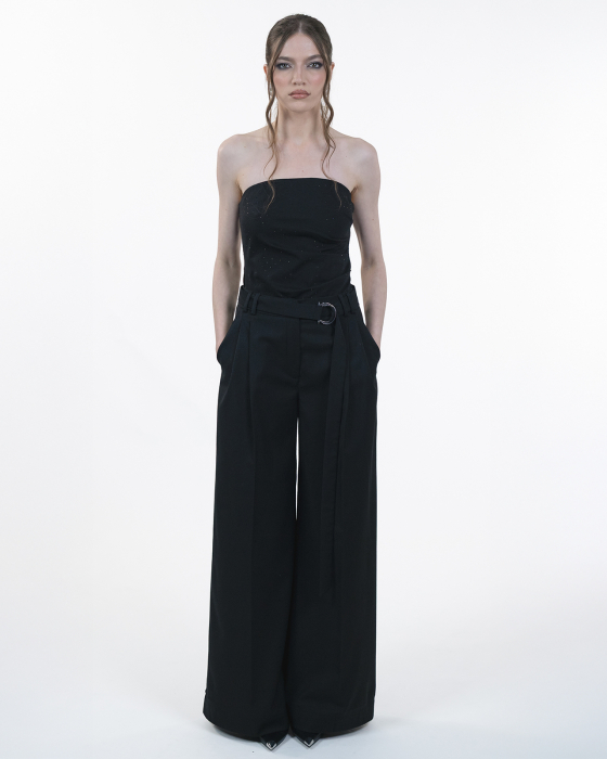 Pantaloni cu pliuri, Amestec de lana, Cordon detasabil, Catarama metalica, Negru [7]