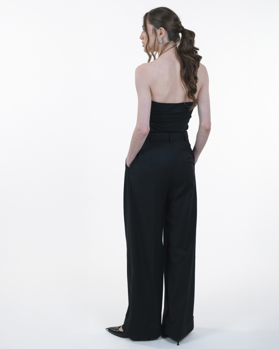 Pantaloni cu pliuri, Amestec de lana, Cordon detasabil, Catarama metalica, Negru [2]