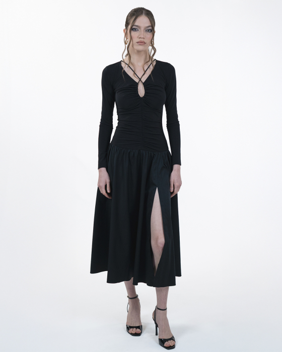 Rochie ampla cu maneci lungi, Midi,Buzunare, Decolteu in V, Negru [1]