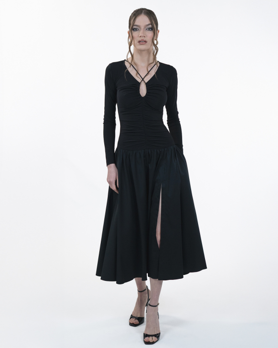 Rochie ampla cu maneci lungi, Midi,Buzunare, Decolteu in V, Negru [6]