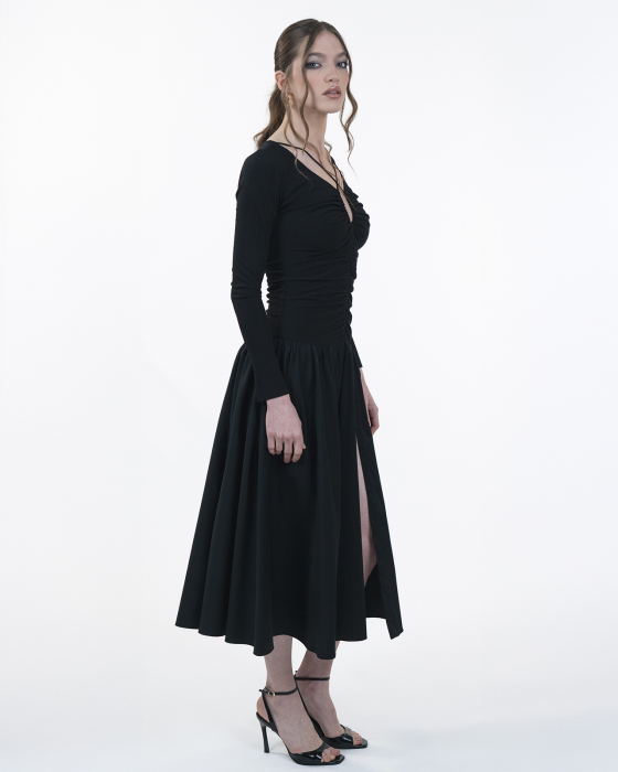 Rochie ampla cu maneci lungi, Midi,Buzunare, Decolteu in V, Negru [7]