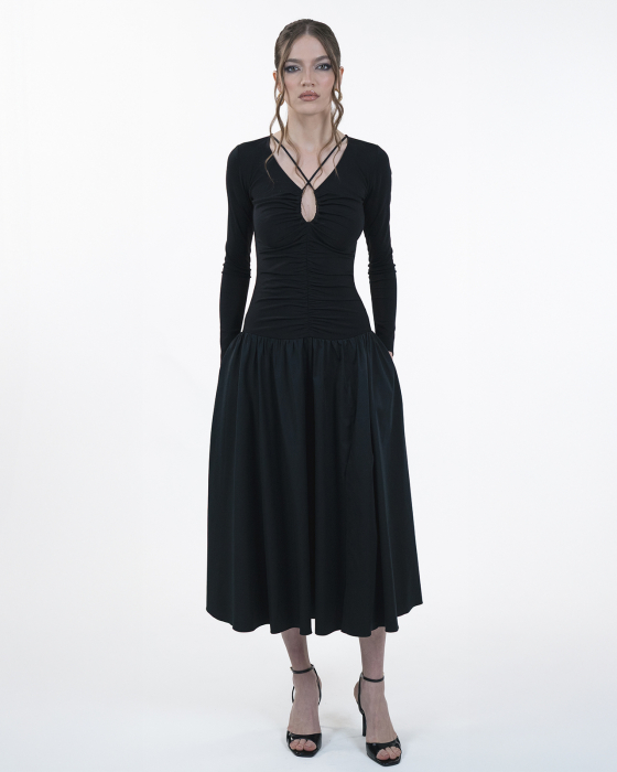 Rochie ampla cu maneci lungi, Midi,Buzunare, Decolteu in V, Negru [3]