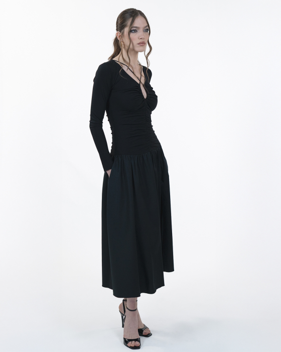 Rochie ampla cu maneci lungi, Midi,Buzunare, Decolteu in V, Negru [5]