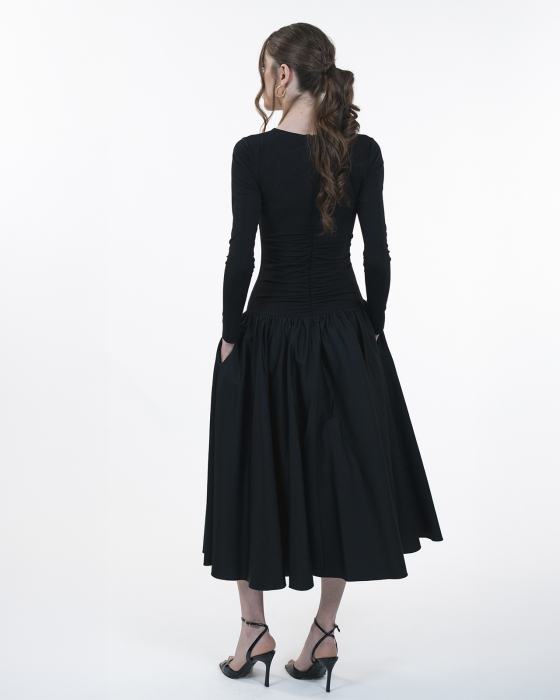 Rochie ampla cu maneci lungi, Midi,Buzunare, Decolteu in V, Negru [2]