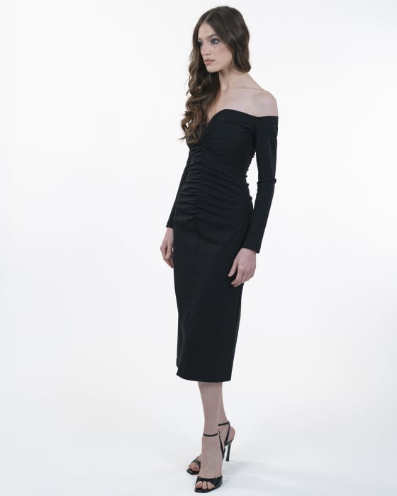 Rochie cambrata cu maneci lungi, Midi, Funde detasabile, Negru [9]