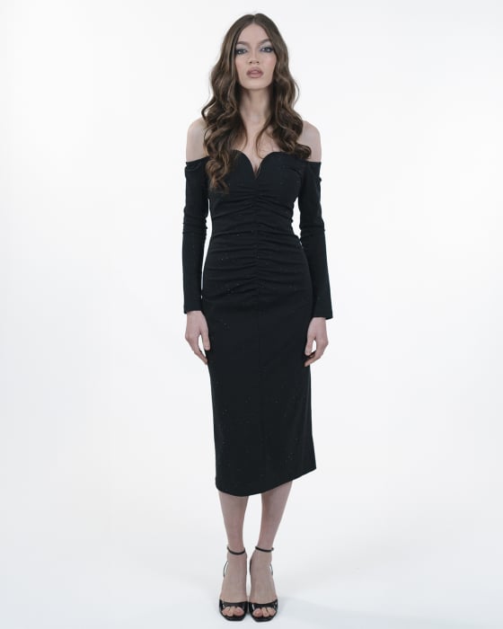 Rochie cambrata cu maneci lungi, Midi, Funde detasabile, Negru [5]