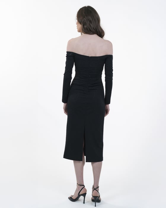Rochie cambrata cu maneci lungi, Midi, Funde detasabile, Negru [6]