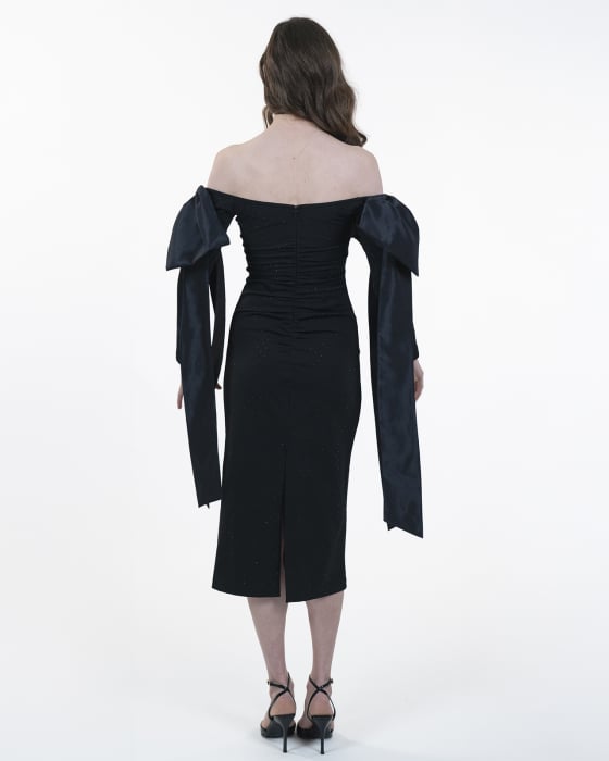 Rochie cambrata cu maneci lungi, Midi, Funde detasabile, Negru [2]