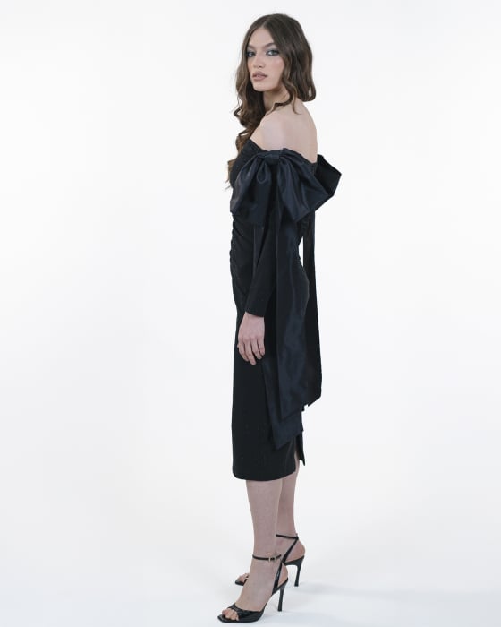 Rochie cambrata cu maneci lungi, Midi, Funde detasabile, Negru [7]
