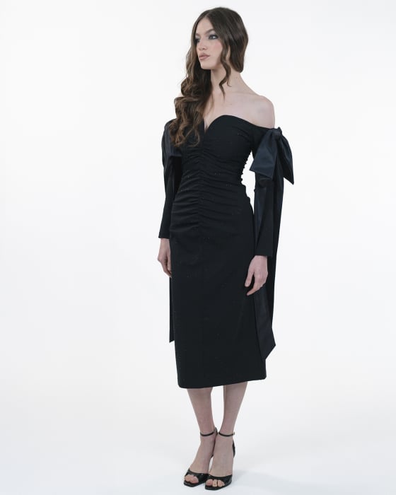 Rochie cambrata cu maneci lungi, Midi, Funde detasabile, Negru [10]