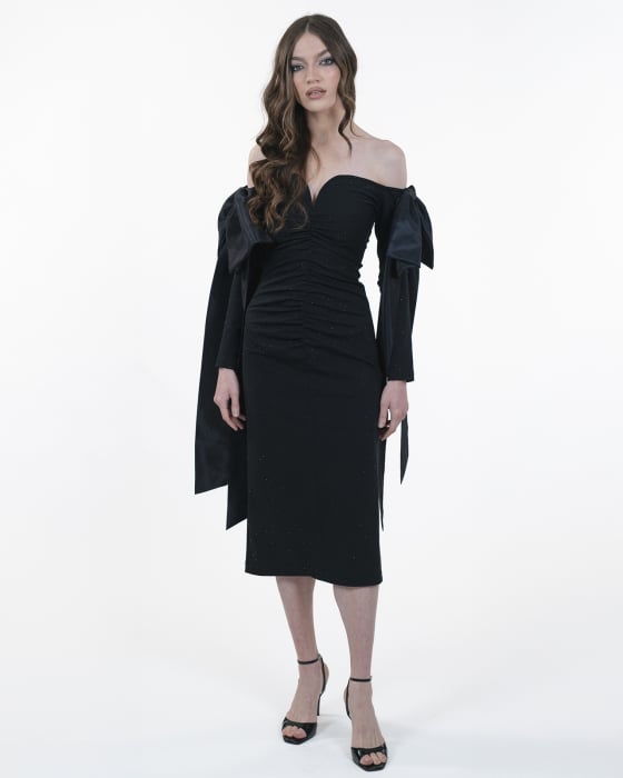 Rochie cambrata cu maneci lungi, Midi, Funde detasabile, Negru [1]