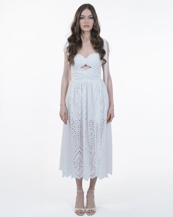 Rochie din bumbac brodat, Midi, Cu bretele, Alb [3]