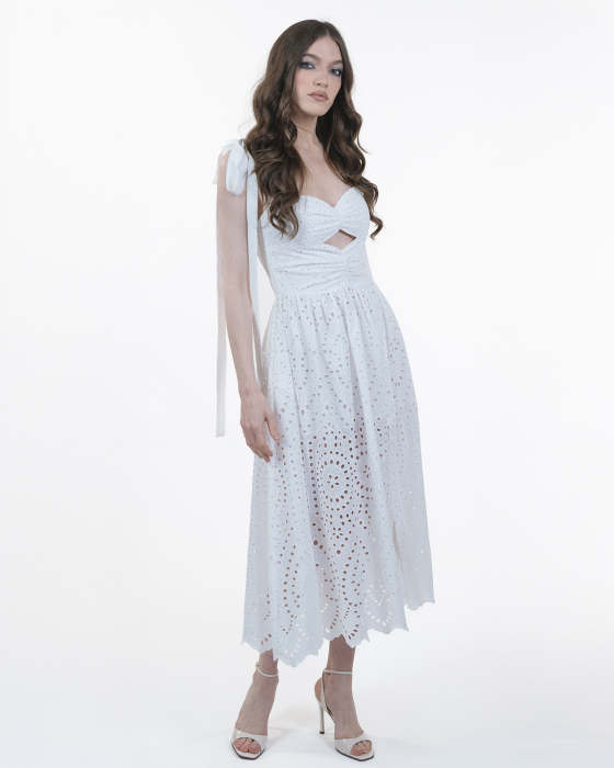 Rochie din bumbac brodat, Midi, Cu bretele, Alb [4]
