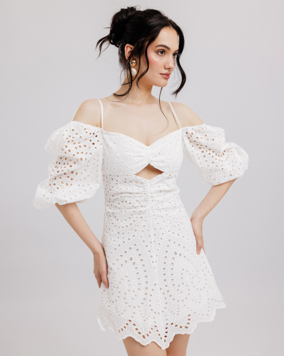 Rochie din bumbac brodat, Scurta, Cu maneci, Alb [2]