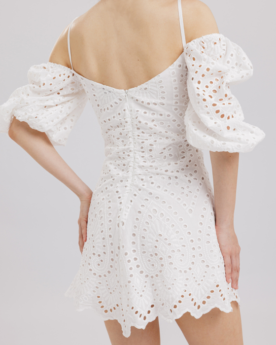 Rochie din bumbac brodat, Scurta, Cu maneci, Alb [6]