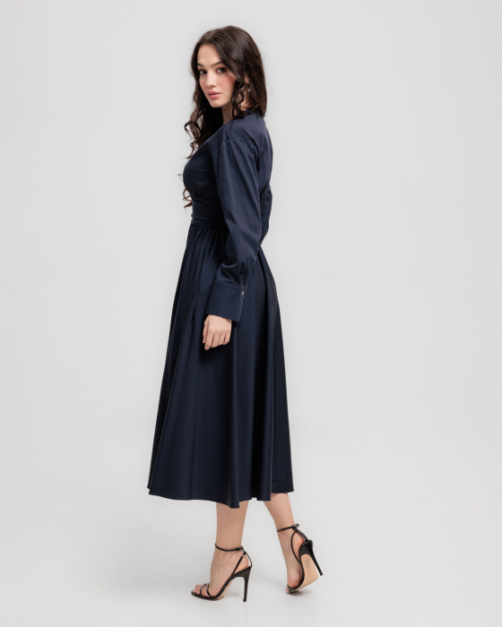 Rochie din bumbac, Midi, Buzunare, Decolteu in V, Maneci lungi, Bleumarin [3]