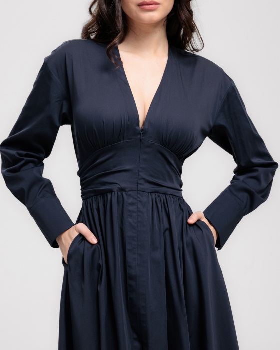 Rochie din bumbac, Midi, Buzunare, Decolteu in V, Maneci lungi, Bleumarin [4]