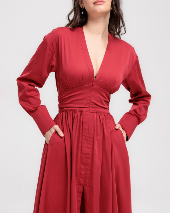 Rochie din bumbac, Midi, Buzunare, Decolteu in V, Maneci lungi, Rosu [4]