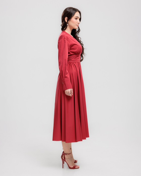 Rochie din bumbac, Midi, Buzunare, Decolteu in V, Maneci lungi, Rosu [3]