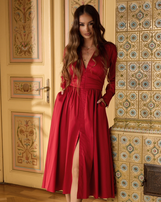 Rochie din bumbac, Midi, Buzunare, Decolteu in V, Maneci lungi, Rosu [1]