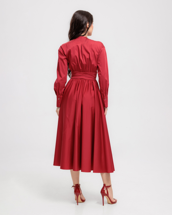 Rochie din bumbac, Midi, Buzunare, Decolteu in V, Maneci lungi, Rosu [2]