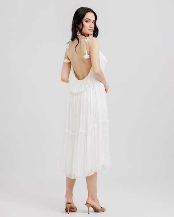 Rochie din matase, Midi, Decolteu adanc pe spate, Bretele, Alb [2]