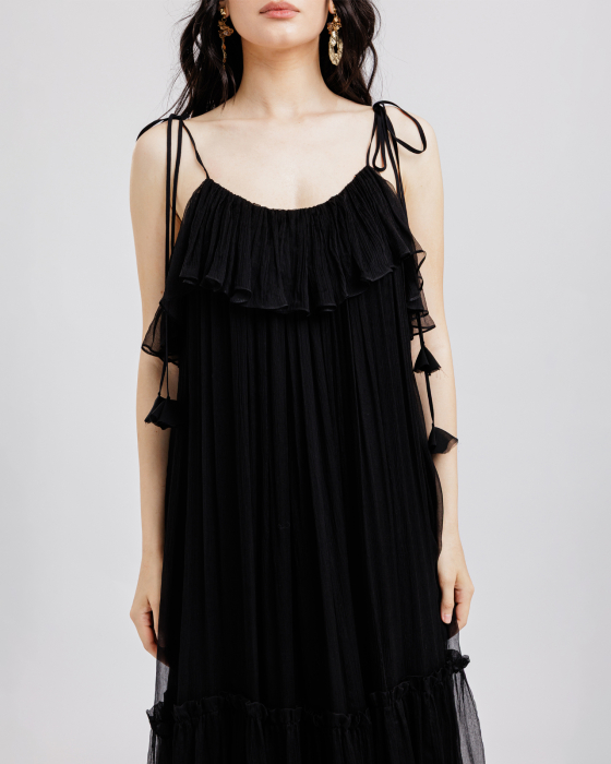 Rochie din matase, Midi, Decolteu adanc pe spate, Bretele, Negru [5]