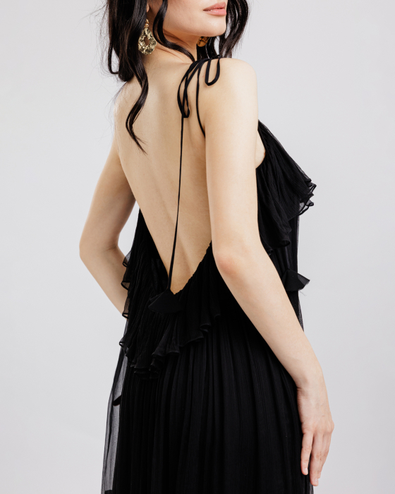 Rochie din matase, Midi, Decolteu adanc pe spate, Bretele, Negru [6]