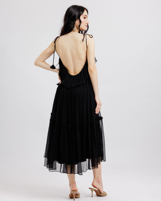 Rochie din matase, Midi, Decolteu adanc pe spate, Bretele, Negru [4]
