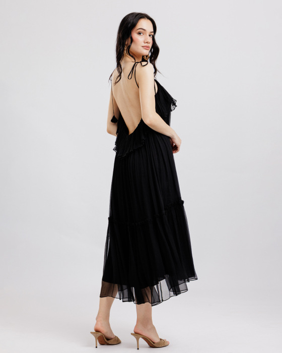 Rochie din matase, Midi, Decolteu adanc pe spate, Bretele, Negru [3]